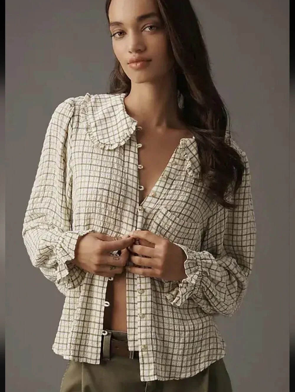 Anthropologie Pilcro Keira Peter Pan Collar Blouse Green Plaid Lone Sleeve Sz S
